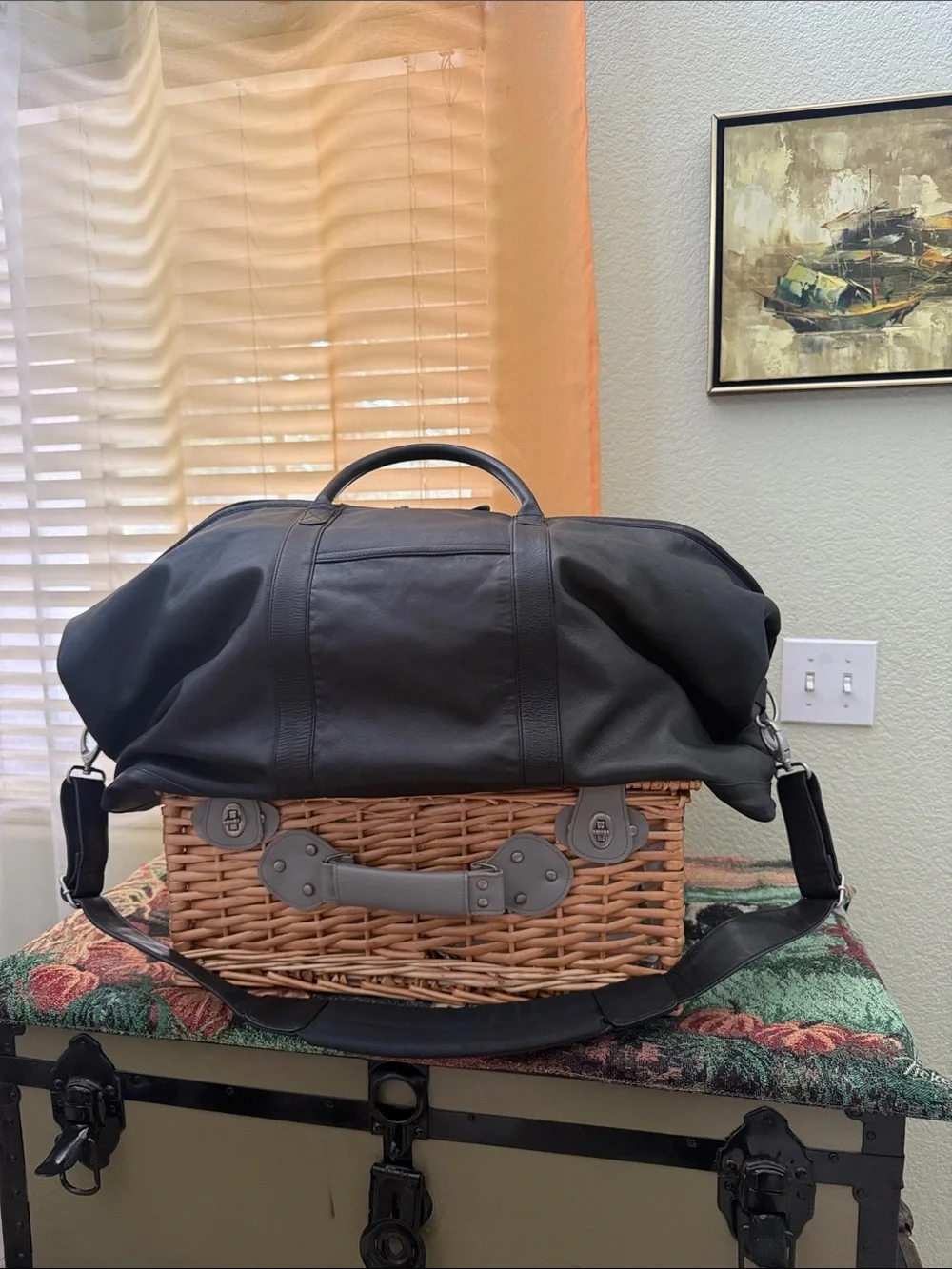 Vintage black leather travel duffle bag- soft leather